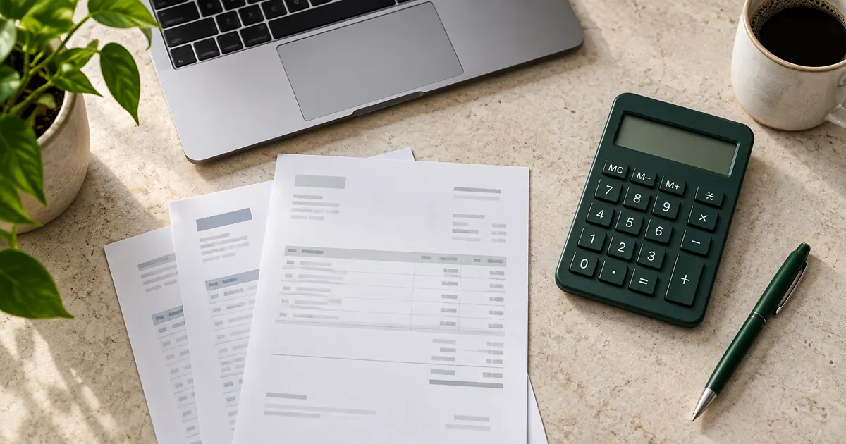 A green calculator and invoices beside a laptop on a pale desk.