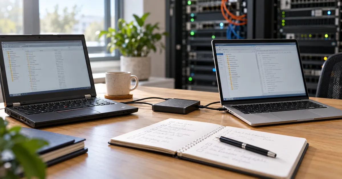 Two laptops connected to an external drive beside a migration checklist.