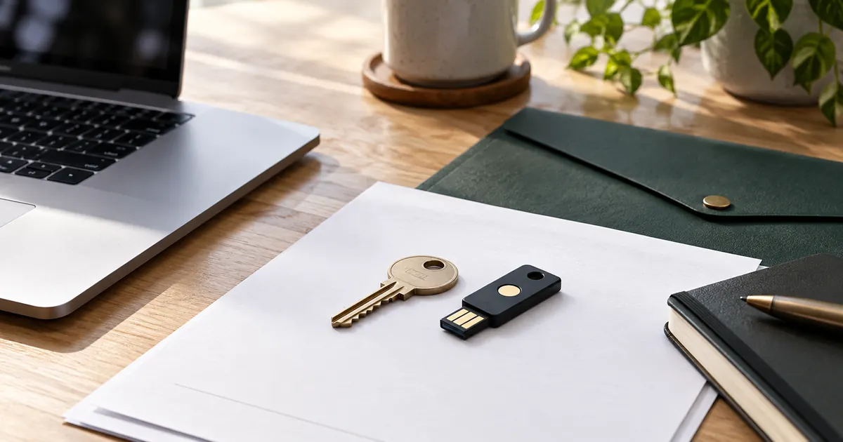 A brass key and USB security key on documents beside a laptop.