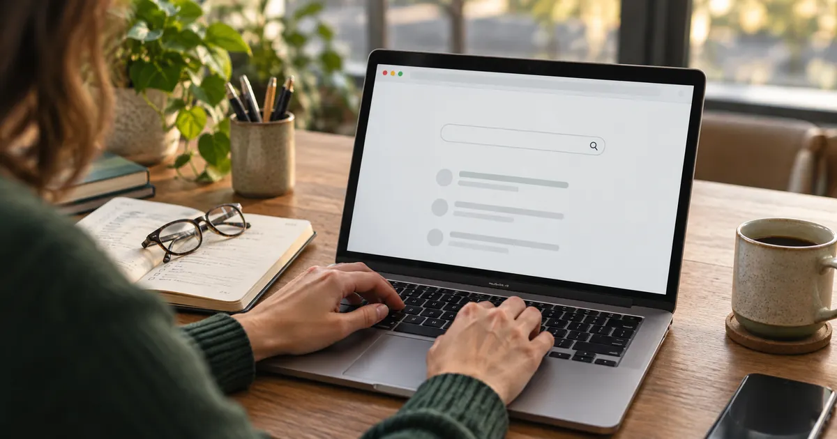 Hands at a laptop search screen beside a notebook and glasses.