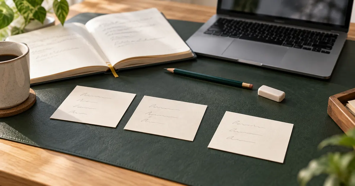 Three handwritten idea cards and a pencil beside a laptop.