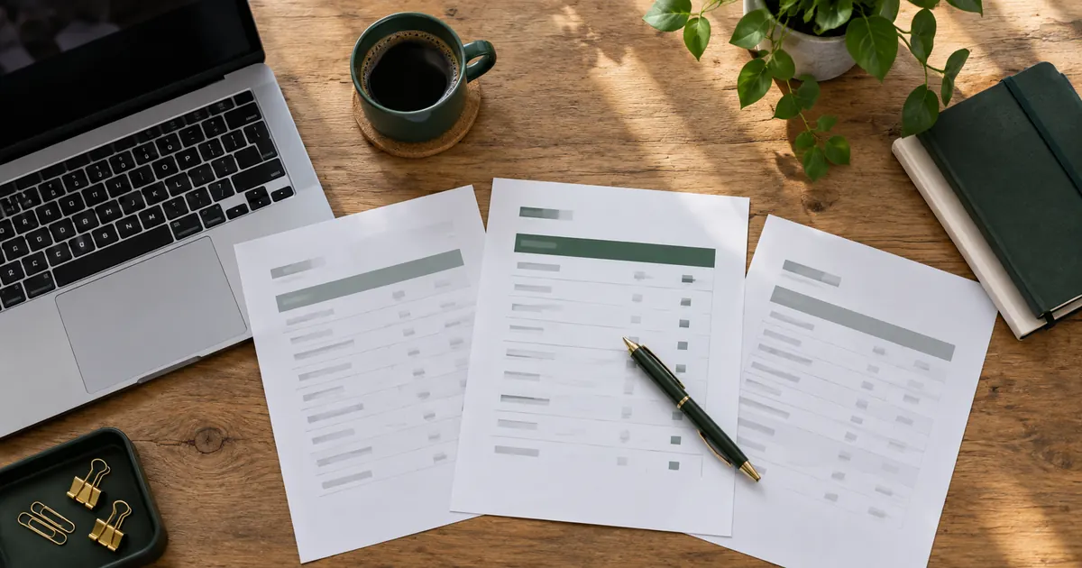 Three proposal sheets and a pen beside a laptop and coffee.