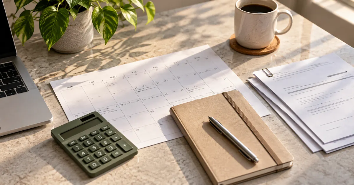 A calendar, calculator and paperwork arranged on a pale desk.
