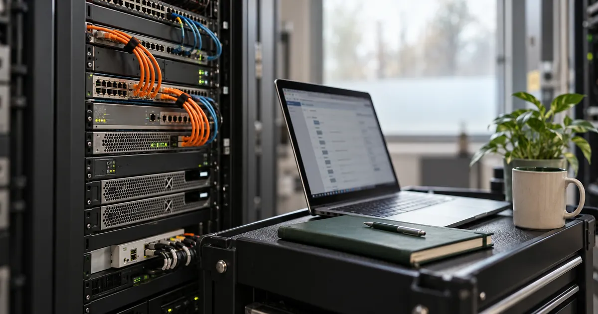 A network rack with orange and blue cables beside a laptop and notebook.