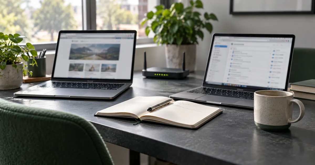 Two laptops showing a website and inbox beside a router.