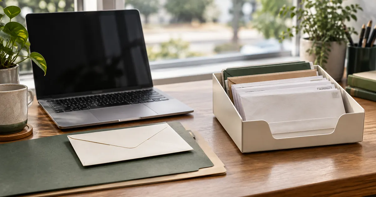 Envelopes in a tray and on a green folder beside a laptop.