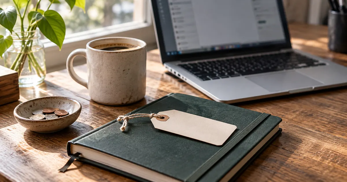 A blank price tag on a notebook beside coins and a laptop.
