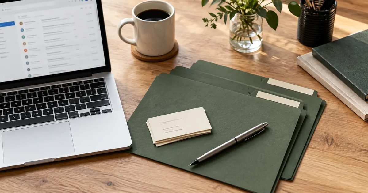 Three green folders and business cards beside an email laptop.