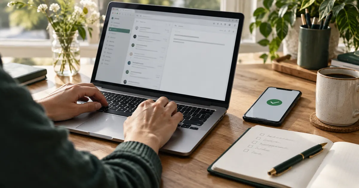Hands at a laptop beside a phone and a paper setup checklist.