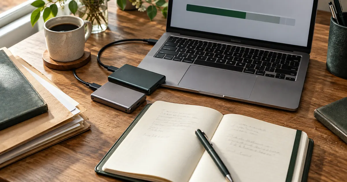 Two portable drives beside a laptop, notebook and coffee on a wooden desk.